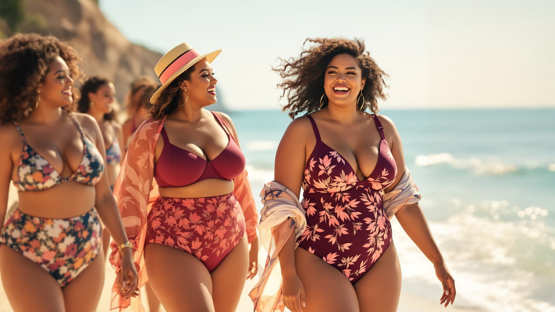 Curvy women enjoying the beach in colourful, supportive swimwear