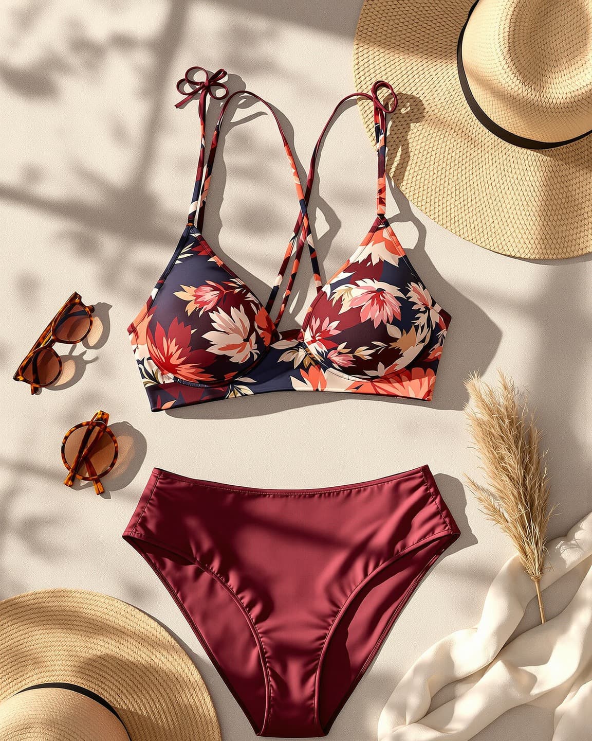 CurveCove swimwear flat-lay showing vibrant prints and supportive construction details